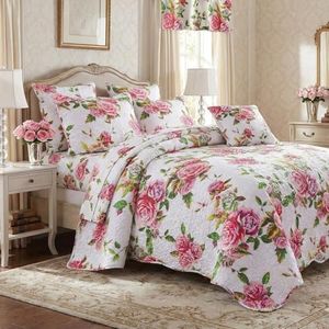 DaDalogy Bedding 14-Pieces Floral Bed in a Bag Set - Romantic Roses Lovely Blooming Pink Bedspread Fitted & Flat Sheets Set w/Throw Euro Sham Pillow Covers & Window Curtain Valance - King Size
