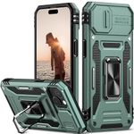 Nvollnoe for iPhone 15 Case with Slide Camera Cover Drop Tested Military Grade Heavy Duty Protective Durable Sturdy Rotate Ring Kickstand Phone Case for iPhone 15(Green)