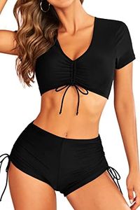 SHEKINI Conjunto de bikini para mujer, monocolor, cuello en V, parte superior de bikini de manga corta con calzoncillos bóxer ajustables, traje de baño de dos piezas, Negro , M