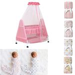 Kiddery Polkamania | Combo | Baby Cradle + 4X Wash Cloths + 2X 100% Cotton Muslin Wraps | Mosquito Protection Net| All Wheel Lock | Pineapple & Heart Print | Jhula | Palna | Uyyala | Girls | Pink