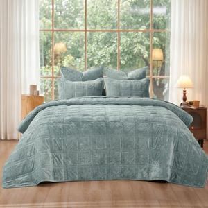 PHF Ultra Soft Velvet Quilt Set King Size – 3PCS Luxurious Cozy Quilted Comforter Alternative with Diamond Pattern, Warm Quilted Bedspread Coverlet, 108" x 92", Dusty Blue