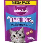 WHISKAS Temptations - Tasty, Crunchy Treats for Adult Cats, Small Bite Size Snacks with a Delicious Salmon Flavour Filling, 4x180 g Packets - Pack May Vary