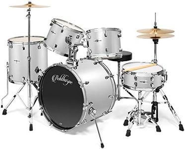 Ashthorpe 5-Piece Full Size Adult Drum Set with Remo Heads & Premium Brass Cymbals - Complete Professional Percussion Kit with Chrome Hardware - Silver