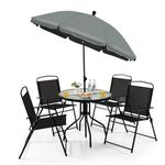 GiantexUK 6 Piece Garden Dining Set, Metal Frame Patio Bistro Set with Tempered Glass Table, 4 Folding Chairs & Parasol Umbrella, Outdoor Conservatory Furniture Set (Grey Umbrella+Black Chairs)