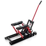 TANGZON Hydraulic Motorcycle Lift Jack, 680KG Capacity Portable Motorcycle Lift Table with 3-Position Height Adjustable Platform & Wheels, Hydraulic Foot-Operated Hoist Stand for ATV UTV (Black + Red)