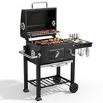 DKIEI Barbecue Grill, Portable Charcoal BBQ Grill with Wheel & Folding Table, Thermometer & Adjustable Charcoal Tray, Large Outdoor Barbeque Grill Smoker for Party, Picnic, Patio Cooking,113x46x100cm