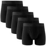 POPKOK Mens Underwear Tag-Free Cotton Stretch Boxer Briefs with Fly 5-Pack(Medium, Black)