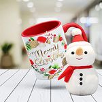 V Kraft "Merry Christmas Printed Mug with Soft Lovable hugable Cute Teddy Bear Snowman Soft Toy Gift for Anyone On Christmas & New Year| Christmas Gift Combo | Pack of 2, 330ml (Merry Christmas 05)