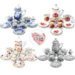 Skylety 60 Pieces 1:12 Scale Miniatures Dollhouse Porcelain Tea Cup Set Include 15 Flower Pattern,15 Blue Porcelain,15 Plum Blossom and Red Rose Teapot Accessories for Doll Toy Supplies