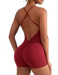 YEOREO Backless Tummy Control Jumpsuits for Women One Piece Workout Jumpsuits Sleeveless V Back Lizvette Scrunch Yoga Rompers Wine Red M