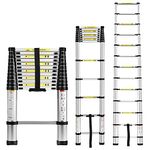 Inditradition 12.5 Feet (3.8 Meter) Foldable Aluminium Telescopic Ladder (13 Steps, 10 KG, Silver) | EN131 Certified, Compact & Portable Extension Ladder for Indoor & Outdoor Use