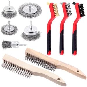 Glarks 10Pcs Wire Scratch Brush Set, Including 5Pcs Wire Wheel Cup Brushes, 3Pcs Brass/Nylon/Stainless Steel Brushes with Wood Handle Curved Grip, 2Pcs Stainless and Carbon Steel Wire Brush