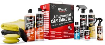 Wavex Car Polish Kit 12 Pcs | Includes Car Dashboard Polish, Car Wax, Tyre Polish, Car Shampoo, Windshield Washer & Car Freshener, Scratch Remover, 2 Cloths, 3 Applicators - Car Washing Kit