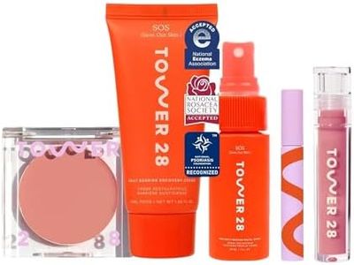 Tower 28 Best Sellers Makeup + Skin Care Set - SOS Daily Rescue Facial Spray, SOS Face Cream, MakeWaves Mascara in Jet, ShineOn Lip Gloss in Pistachio + BeachPlease Cream Blush in Magic Hour (5 Count)