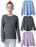 3 Pack: Youth Girls Long Sleeve Shirts Active Dry Fit Athletic Performance Clothes Kids Teens Sports Tees with Thumbholes, Heather Lavender/Black/Light Blue, Medium