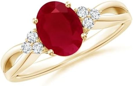 Angara 2 ct Oval Ruby Split Shank Engagement Ring with Trio Diamonds in 14K Yellow Gold | Natural Ruby Side Stone Ring for Women | July Birthday, Gemstone Jewelry Gift | 9x7mm | Ring Size- 7.5