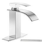 Hoimpro Waterfall Spout Chrome Bathroom Faucet,Single Handle Bathroom Vanity Sink Faucet with cUPC Supply Lines, Basin Mixer Tap with Deck Plate, Stainless Steel (1 or 3 Hole)/ Chrome