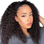 Feibin Curly Headband Wig Human Hair Wigs for Black Women Human Hair Headband Wig 14 Inches Deep Wave Human Hair Wig Wet and Wavy Wig Perruque Femme Humain Naturel Glueless Machine Made None Lace Front Wig Natural Black Color 150% Density