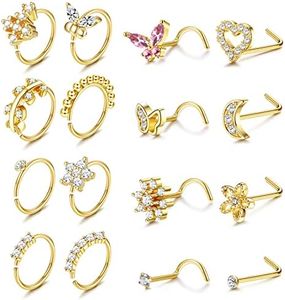 Kakonia 16Pcs Nose Rings For Women Surgical Steel Nose Studs Hoops 20G Nose Hoop Corkscrew L Shaped Nose Stud Gold Silver Nose Ring Nose Piercing Jewelry