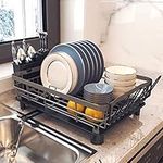 Dish Drying Rack with Drain Board, Trusthere Dish Rack for Kitchen Counter with Utensil Holder, Rustproof Drainboard Set with Cup Holder, Dish Drainer with 360° Swivel Drain Spout (Grey)