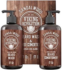 Viking Revolution Beard Wash & Beard Conditioner Set with Argan & Jojoba Oils - Softens and Strengthens - Natural Sandalwood Scent - Beard Shampoo with Beard Oil (17 oz)