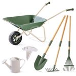 ROBUD Kids Wheelbarrow with Gardening Tools Set, Metal Wheelbarrow with Long Shovel, Hoe, Rake, Watering Can & Plant Labels, Kid Garden Tools Kit, Outdoor Gifts Toys for Girls Boys Age 3-14, Green