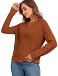 ZAFUL Women's Long Sleeve Cable Pullover Sweater 2024 Fall Winter Knit Solid Crewneck Casual Sweater Tops, Caramel, L