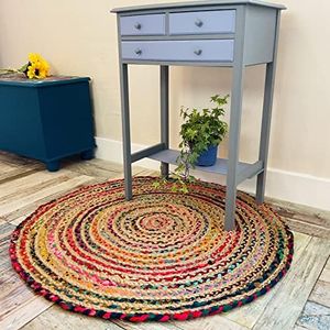 Second Nature Online Mishran Eco Friendly Medium Round Braided Rug Flat Weave with Natural Jute and Multi Colour Recycled Material 90 cm Diameter