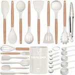 Kitchen Utensils Set, 26 Pcs Non-Stick Silicone Cooking Utensils Spatula Set with Holder, Sturdy Wooden Handle, Heat Resistance Silicone Kitchen Gadgets Utensils Set, White