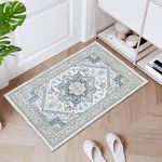 ROCYJULIN 2x3 entryway Rug, Washable Throw Rugs for Bedroom, Super Soft Low-Pile Small Area Rugs with Rubber Backing, 2 x 3 Carpet with 600gsm Faux Cashmere Surface for High Traffic, Grey & Blue