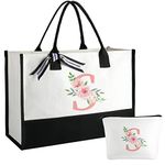 Floral Ini-tial Tote Bag for Women w Makeup Bag, Can-vas Beach Bag, Personalized Birthday Gifts, Inner Pocket, Gift Box, Card, Couples Girlfriend Bridesmaid Bride Mom Grandma Sister Teacher Gifts S