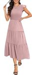 LAOLASI Womens Summer Casual Midi Dress Smocked Elastic Waist Crew Neck Flowy A-Line Long Dress,Pink,L