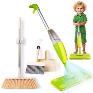 Lullulii Kids Spray Mop,Toddler Mop Cleaning Set, Real Working Mini Mop & Kids Broom Dustpan Set, Housekeeping Pretend Play Toy, Montessori Kid Cleaning Toy Set Includes Organizer Clip -Green