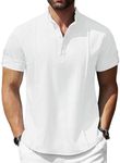COOFANDY Men's Linen Henley Shirt Casual Beach Hippie Shirts Short Sleeve T Shirts, White, XX-Large