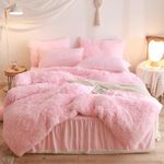 Luxury Plush Shaggy Duvet Cover Flannel Velvet Bedding (1 Faux Fur Duvet Cover +2 Pillowcases) Fluffy Comforter Bed Sets 3 Pieces,Zipper Closure (Pink, Queen)
