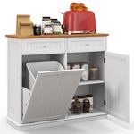 DORTALA Tilt Out Trash Can Cabinet, Kitchen Island Hidden Garbage Bin Cabinet w/Rubber Wood Counter Top, Adjustable Shelf, Freestanding Recycle Cabinet for Dining Room, Laundry, Dog Proof, White