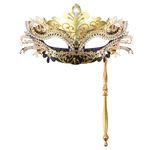 OIDEA Women's Masquerade Mask with Stick: Rhinestones Mardi Gras Venetian Mask Carnival Party Costume Ball Mask, Black Gold