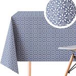 KP HOME Unique Fabric Table Cloth Look And Feel - PVC Wipe Clean Vinyl Tablecloth - 250x140cm For Rectangular Tables Up To 8 Seats - Water Resistant Retro Flower Design In Faded Navy Royal Blue