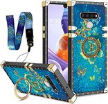 LG Stylo 6 Case with Ring Stand Holder, Square Edge Diamond Rivet Crystal Elegant Soft TPU Slim fit Rhinestone Reinforced Corner Shock-Absorbing Protective for LG Stylo 6 (Butterfly Blue)