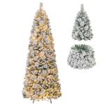 COSTWAY 6FT/7FT Pop up Artificial Christmas Tree, Pre-Lit Snow Flocked Xmas Tree with 517/680 PVC Tips & Pine Needles and 170/200 Warm White LED Lights, Seasonal Home Office Holiday Decor (210 cm)