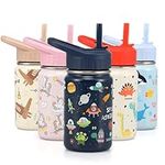 SANTECO Kids Water Bottle for School with Straw Lid,17oz Stainless Steel Insulated Water Bottle for Kids, Leak Proof Cute Animal Toddler Straw Cup for School Girls Boys