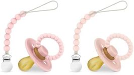 Luladream Pacifier and Clip Set - Natural Rubber Nipple - Soft Teething Handle - for Infants Baby's and Toddlers, 0-18 Months (Blush Pink + Rose Petal + Clips)