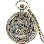 GT Gala Time Peacock Theme Analog Vintage Bronze Pocket-Watch Antique Style Metallic Key Chain & Key Rings For Gifting Girls & Woman, Dial_Silver, Band_Brown