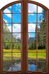 Fake Windows Wall Sticker Peel and Stick Removable 3D Mountain Forest Lake Brown Arch Window Wall Decal Vinyl Self-Adhesive Nature Landscape Wall Mural Stickers for Bedroom Living Room Decor 24"x36"