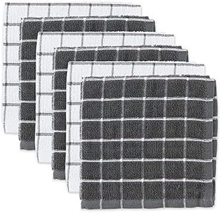 DII 100% Cotton, Machine Washable, Ultra Absorbant, Basic Everyday 12 x 12 Terry Kitchen Dish Cloths, Windowpane Design, Set of 6- Gray