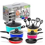 Vremi 15 Piece Nonstick Cookware Set - Durable Aluminum Pots and Pans with Cooking Utensils - Colorful Oven Safe and Multi Quart Enameled Saucepans Dutch Ovens and Fry Pans with Glass Lid, NCCWCOR15.7