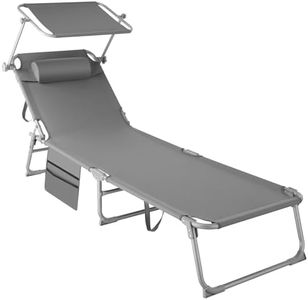 TecTake® Tumbona Jardín Exterior de Acero, Tumbona Plegable con Reposacabezas, Parasol y Bolsillo Lateral, Tumbona Playa Reclinable 6 Posiciones, Tumbona Piscina Resistente a Intemperie - Gris