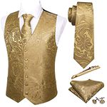 Barry.Wang Formal Men Vest Paisley Jacquard Silk Tie Suit Waistcoat Set Wedding 5PCS, A Gold Flower, Large