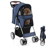 Maxmass Travel Pet Stroller, Foldable Small Medium Sized Dog Cat Trolley with Storage Basket, Safety Belt and Cup Holder, 4 Wheels Puppy Pushchair (Blue)