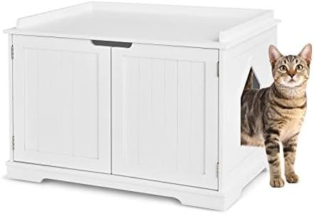 Costway Cat Litter Box, Kitty Enclosure w/Magnetic Door, Entrance & Adjustable Partition, Indoor Pet Shelter House, Pet Crate Cabinet Cupboard Side Table for Living Room, Bedroom (White)